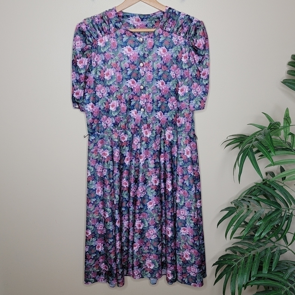 80s Vintage | Pink & Green Floral Print Midi Dress with Ruched Shoulders